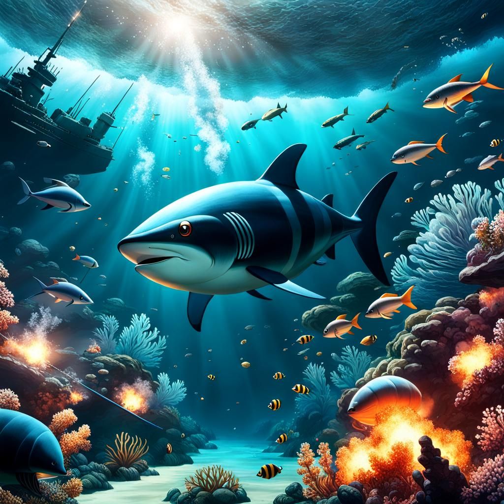 Underwater War Scene with Explosions and Smoke