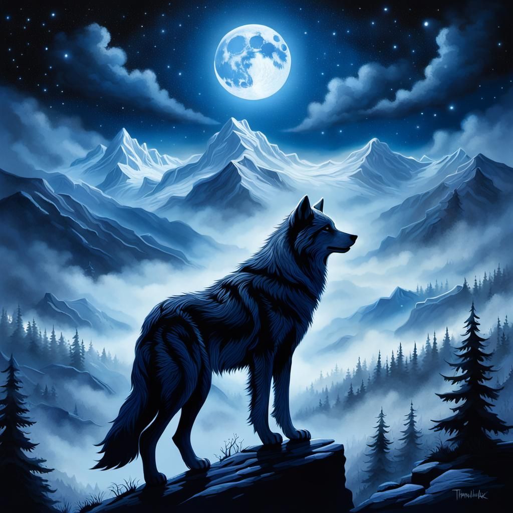 Silver Wolf Silhouette on Snowy Mountaintop