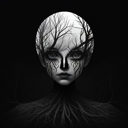Monochrome Forest Woman Face Illusion
