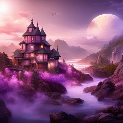 Fantasy Mountain Town with Purple Rivers and Pink Clouds