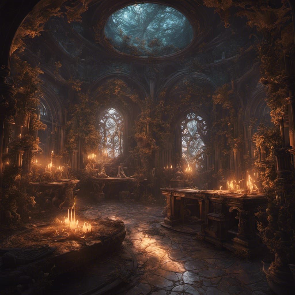 Dark Fantasy Forest Chapel in Art Nouveau Style