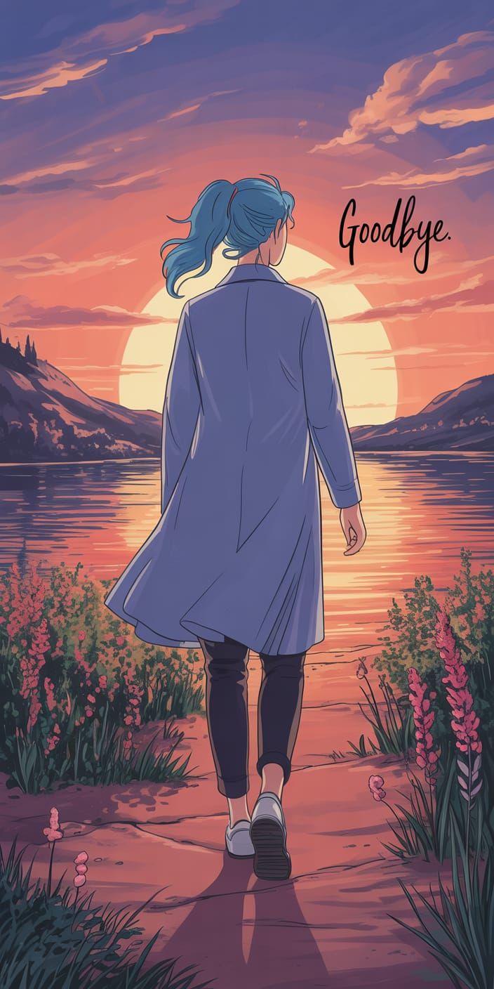 Blue-Haired Woman Walks into Sunset with Goodbye Caption