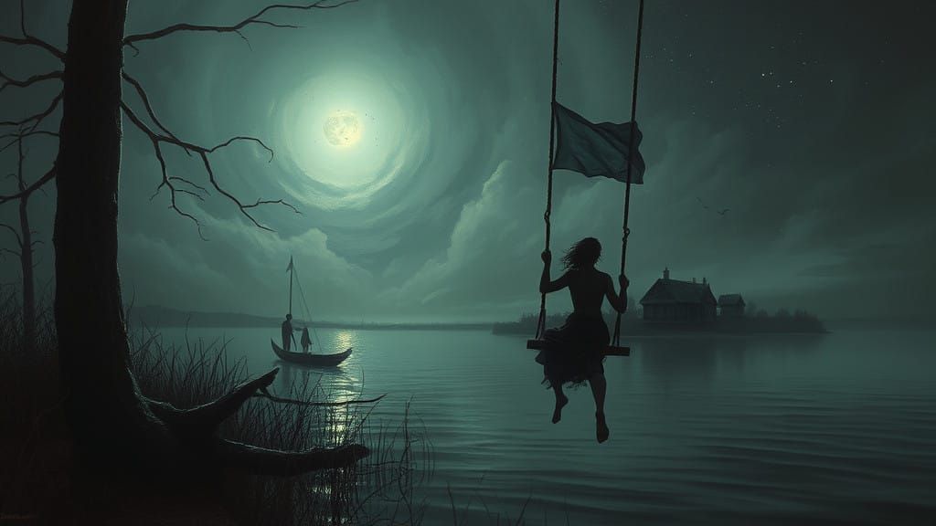 Sensual Woman in Midnight Swing over a Foggy Lake in a Cyber...