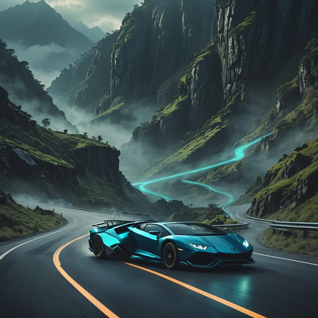 Alien Rides Lamborghini on Mountain Road
