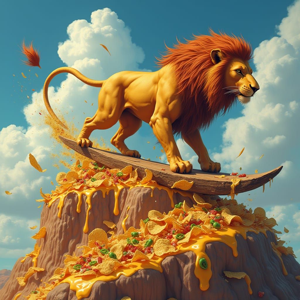 Majestic Lion Surfs Nacho Mountain in Vibrant Art