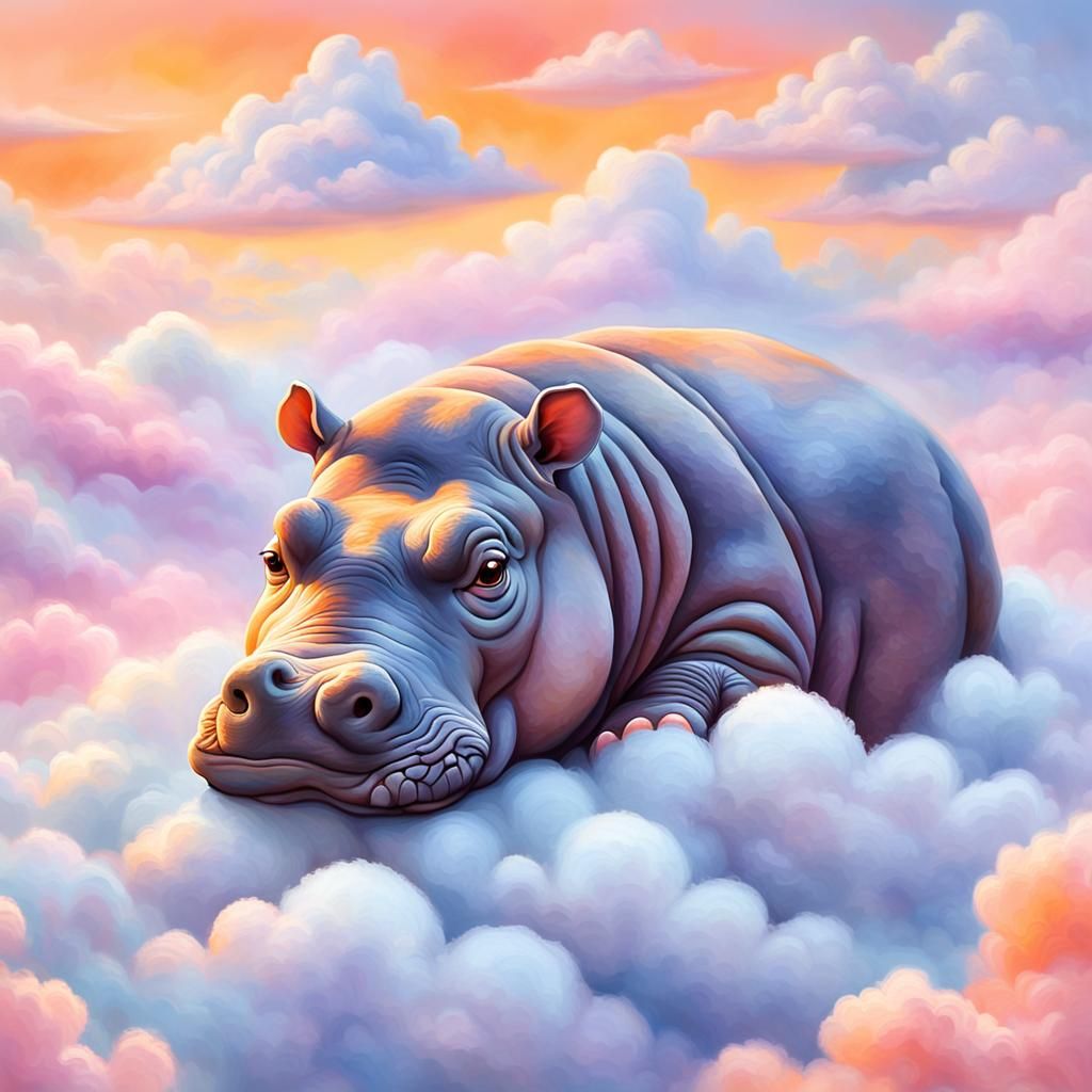 Whimsical Dreamy Hippo Baby in a Cloudy Slumber