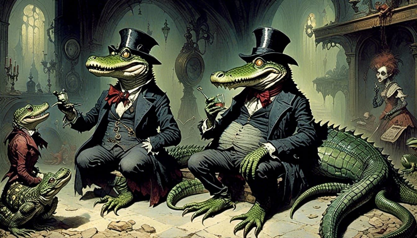 Hipster Alligator Chatting With Alligator Woman