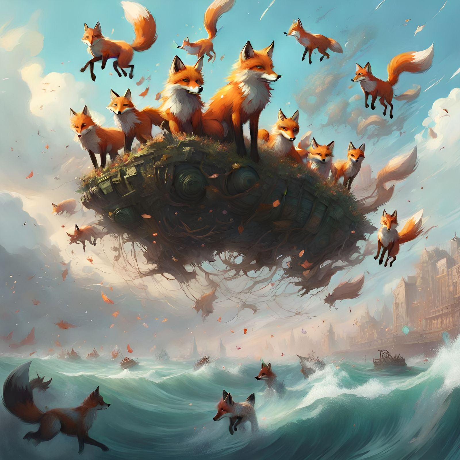 Magical Foxes Gliding Over Energetic Sea