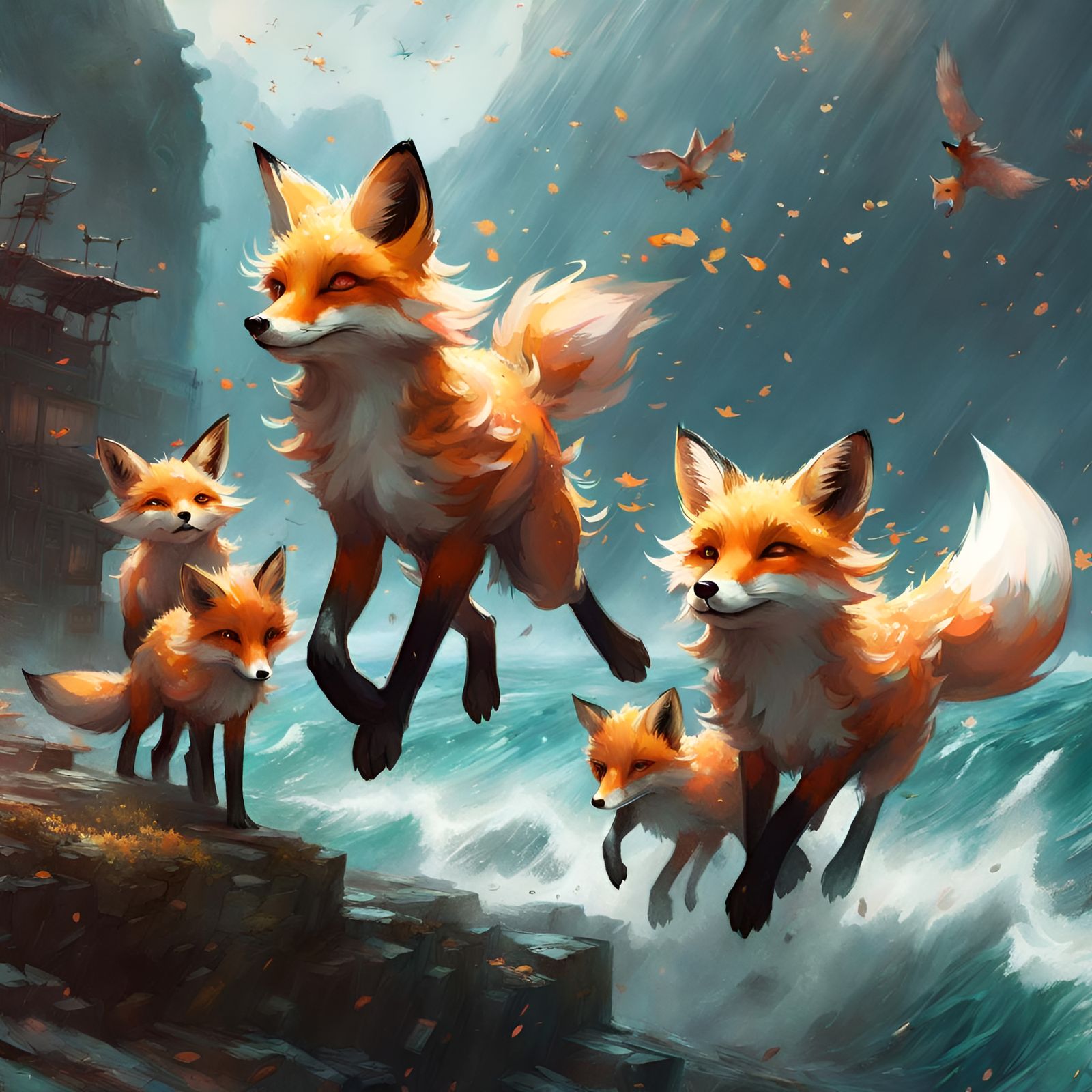 Magical Foxes Gliding Over an Energetic Sea