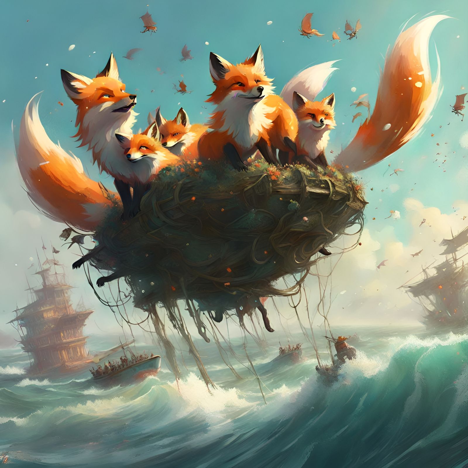Magical Foxes Soaring Over Energetic Seas