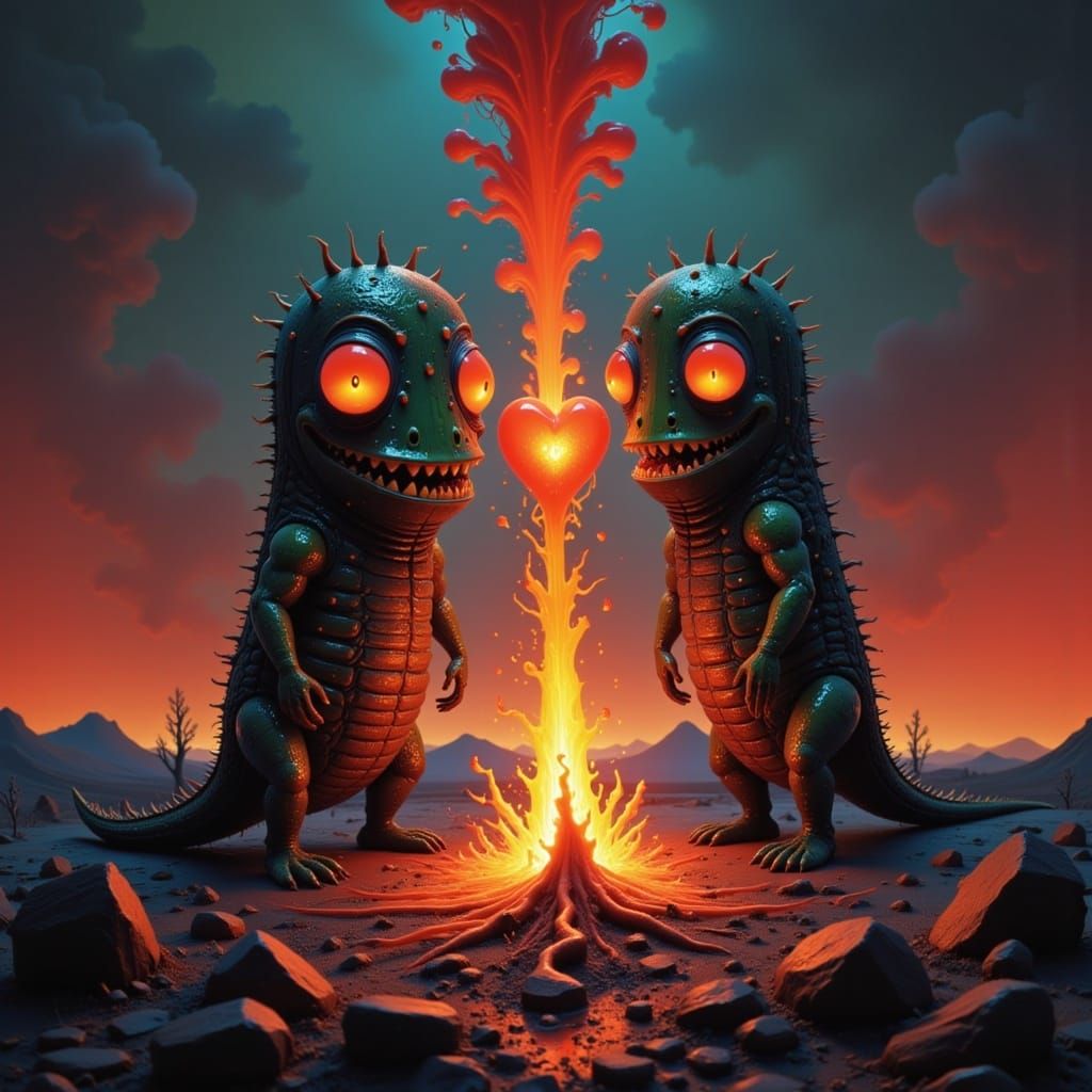 Amidst Fiery Lava, Small Demonic Creatures Share a Tender Mo...