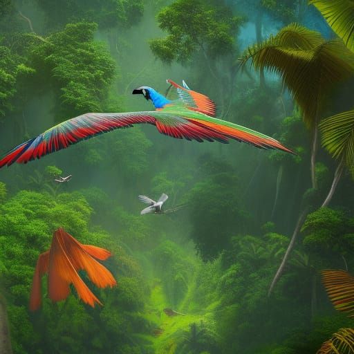 Macaws Fly Above Rainforest Canopy