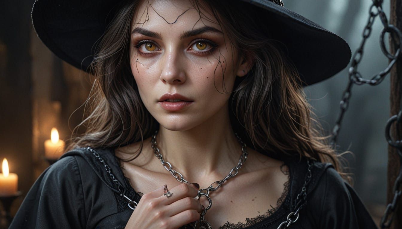Ethereal Witch in Chains, Radiant with Golden Glow