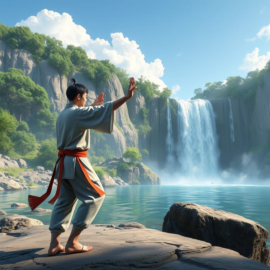 Man in Meditative Tai Chi Pose by Serene Waterfall in Vibran...