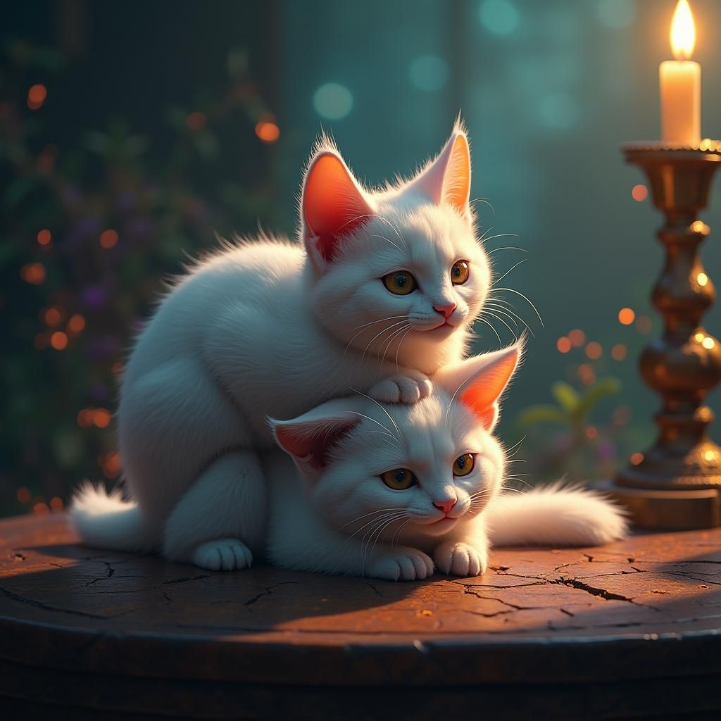 Mystical Stacked Cats on Ornate Table, Digital Art