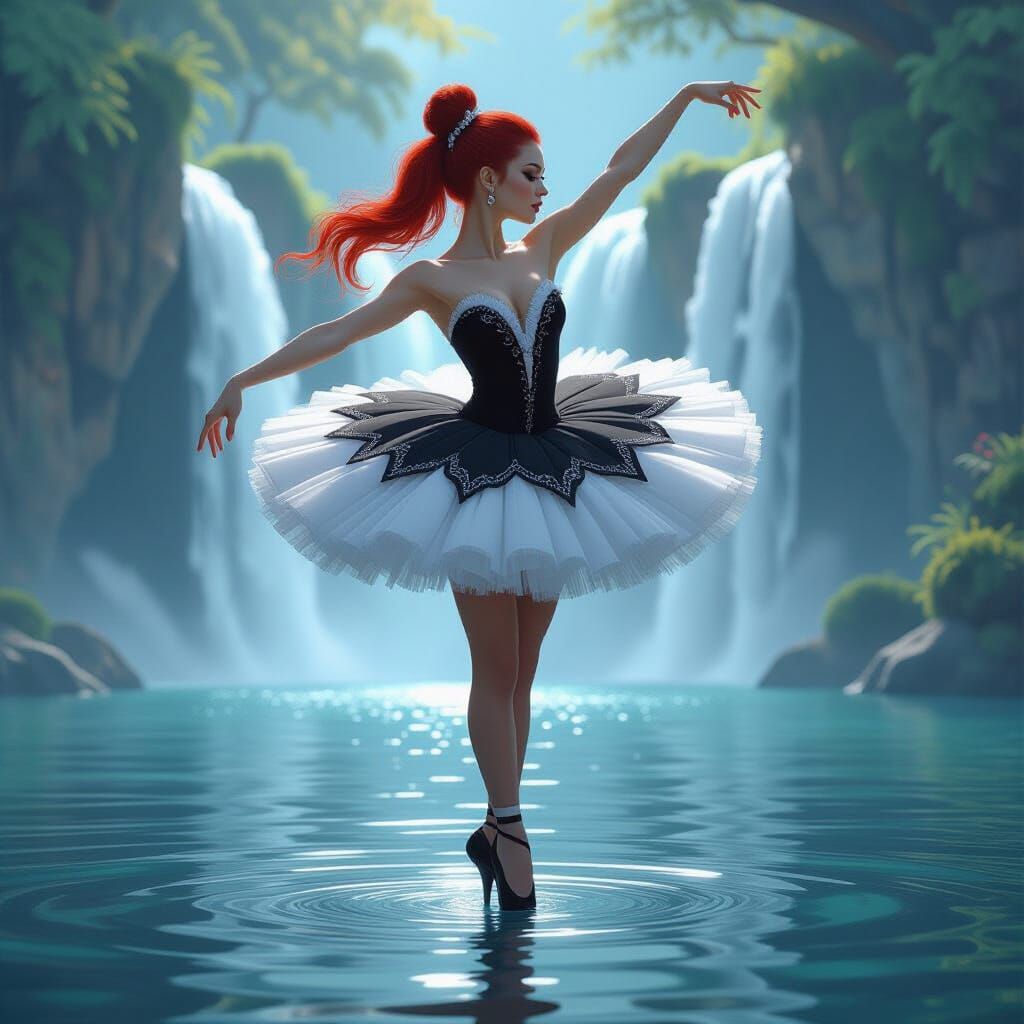 Ballerina on Water with Waterfall in Dramatic Lighting