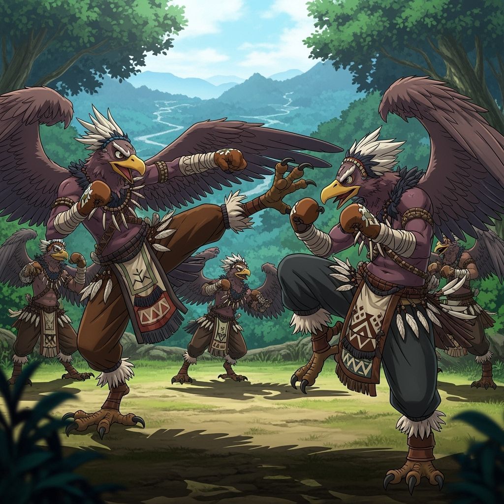 Birdfolk Kickboxers in Vibrant Manga Style