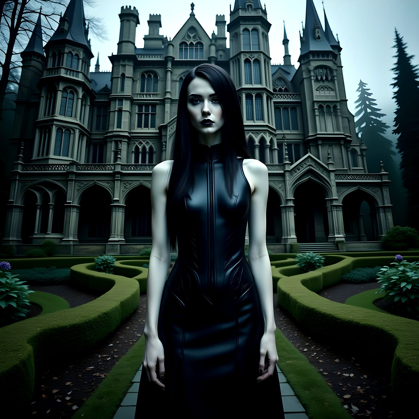 Ethereal Woman in Leather, Amidst Mystical Mansion