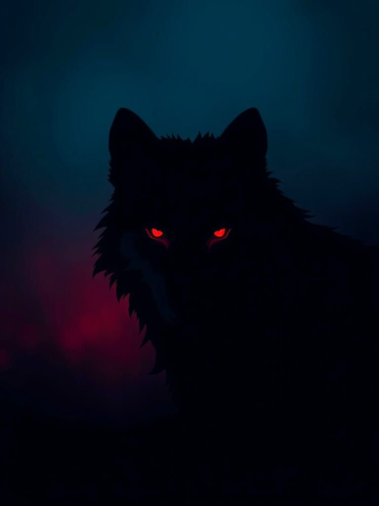 Minimalist Wolf Silhouette with Red Eyes in Conceptual Art