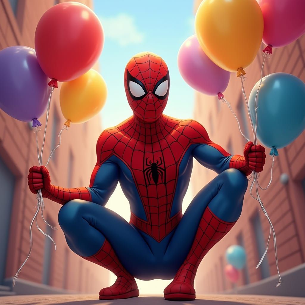 Spider-Man in Whimsical Pixar-Inspired Balloon Scene