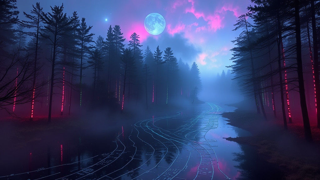 Neon Forest Landscape with Cyberpunk River