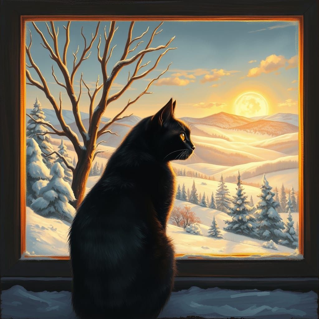 Black Cat Contemplates Winter Wonderland in Impressionist St...