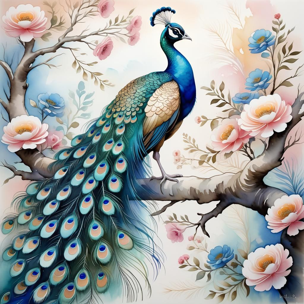 Watercolor Peacock in Elegant Floral Setting, a Masterpiece....