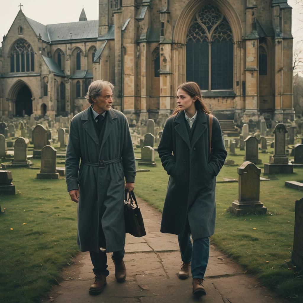 Father and Sister Walk Through Graveyard: Cinematic Still