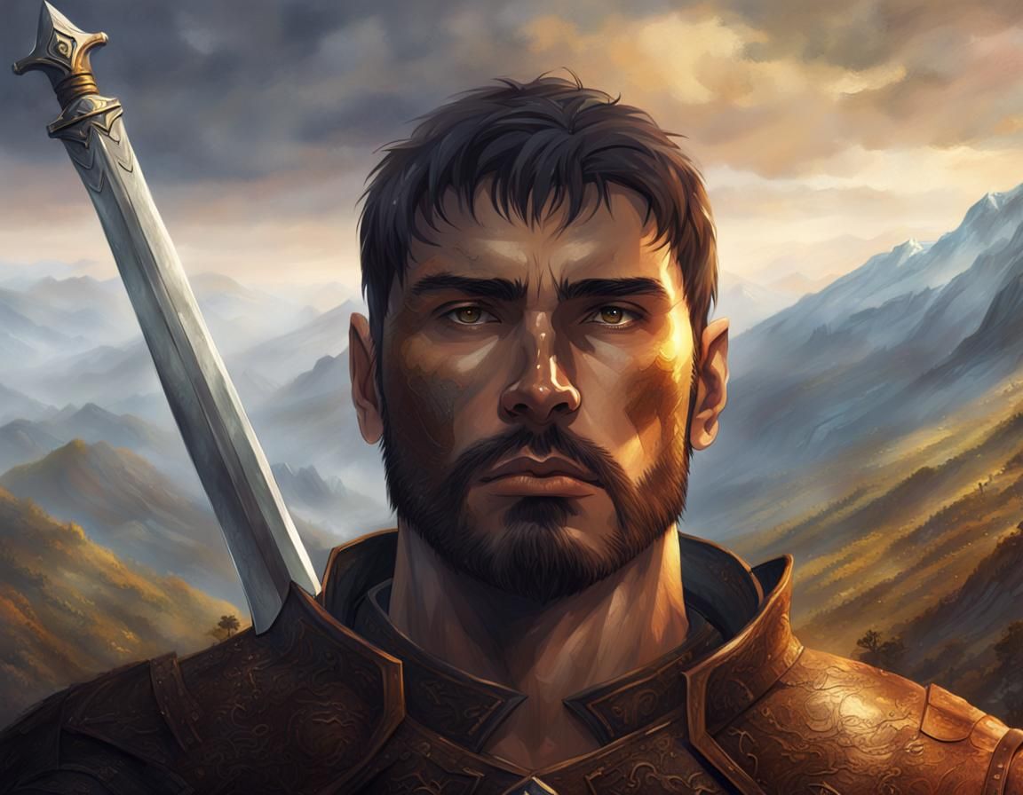 Heroic Warrior in Misty Mountains, Oil on Canvas