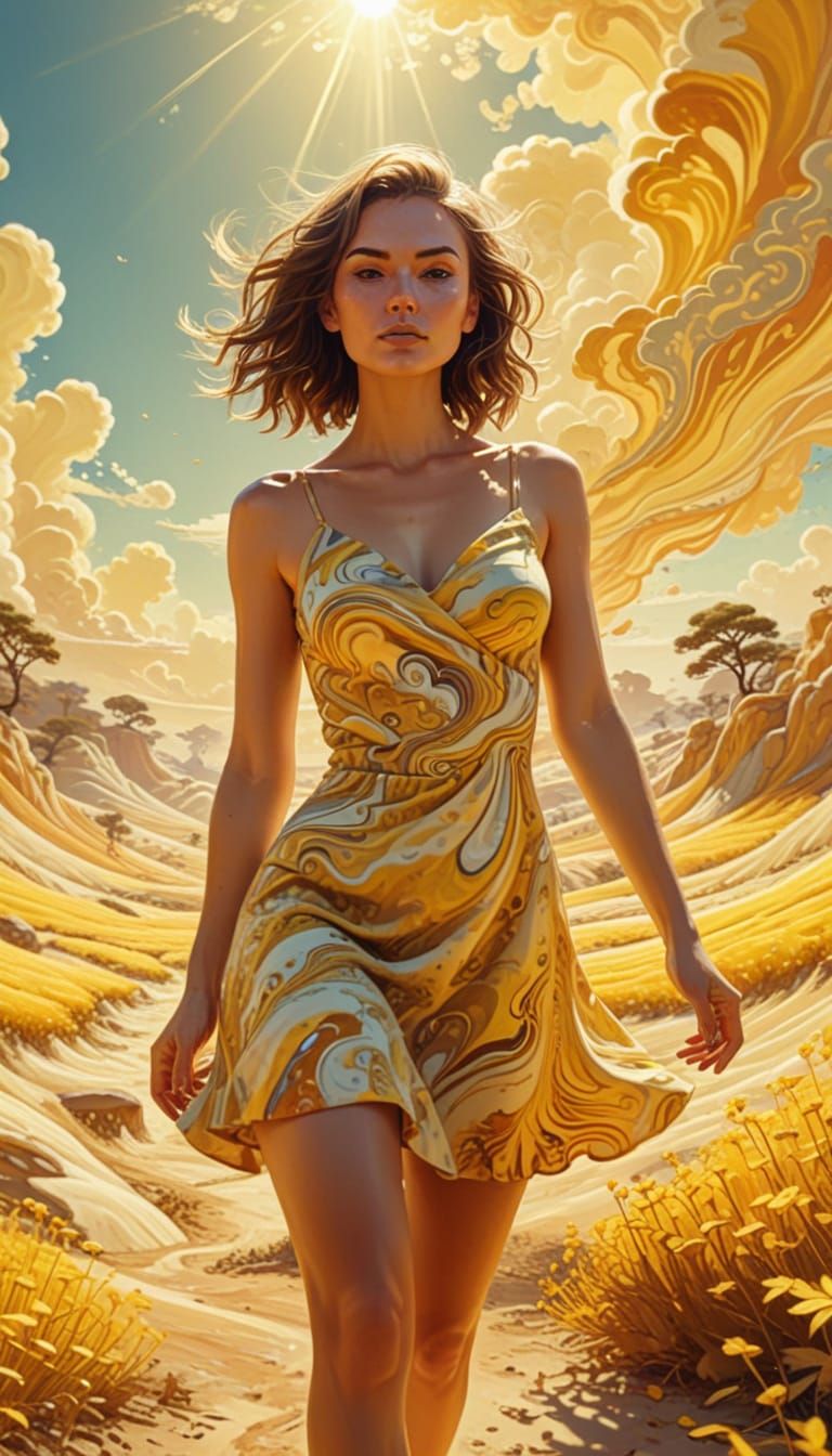 Woman in Yellow Valley: Vibrant Digital Art