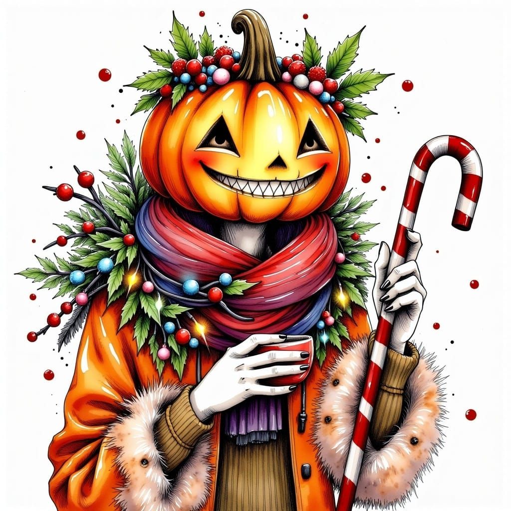 Festive Pumpkin Figure in Ink Drawing Style