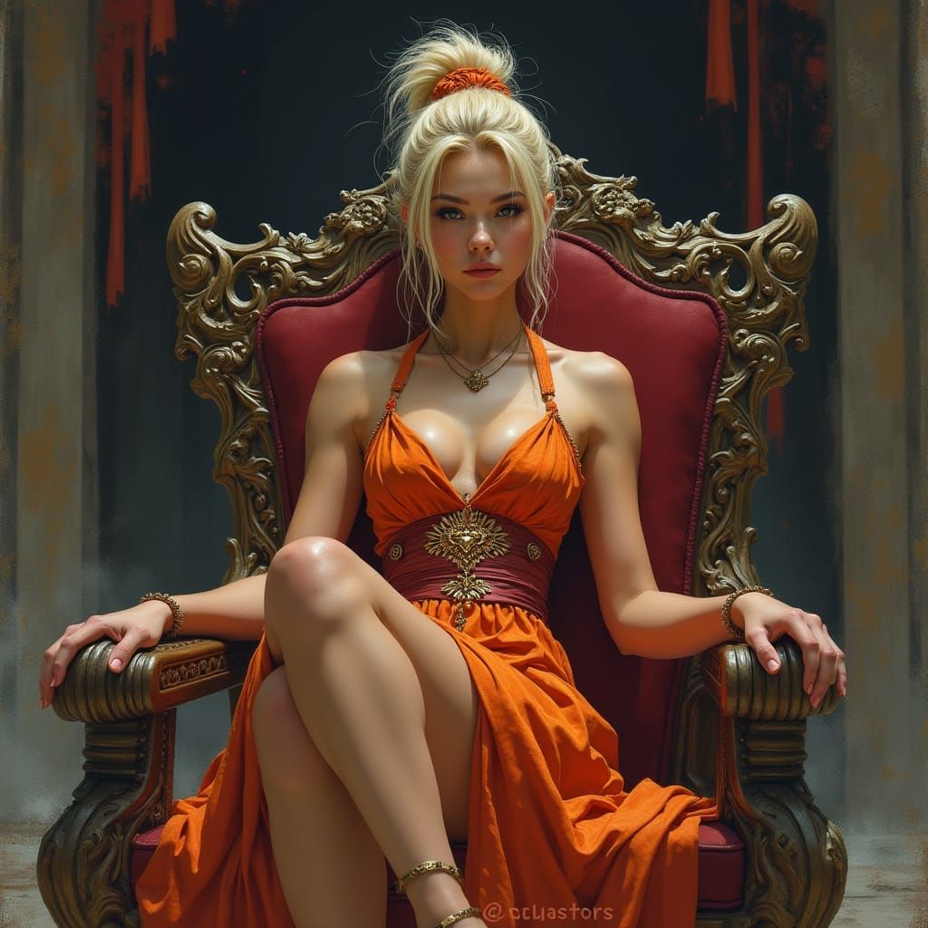 Warrior Priestess on Throne in Fantasy Art Style