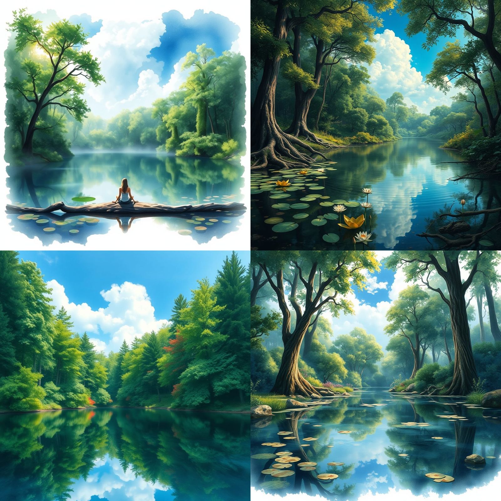 Tranquil Forest Pond Reflection: Watercolor Clipart