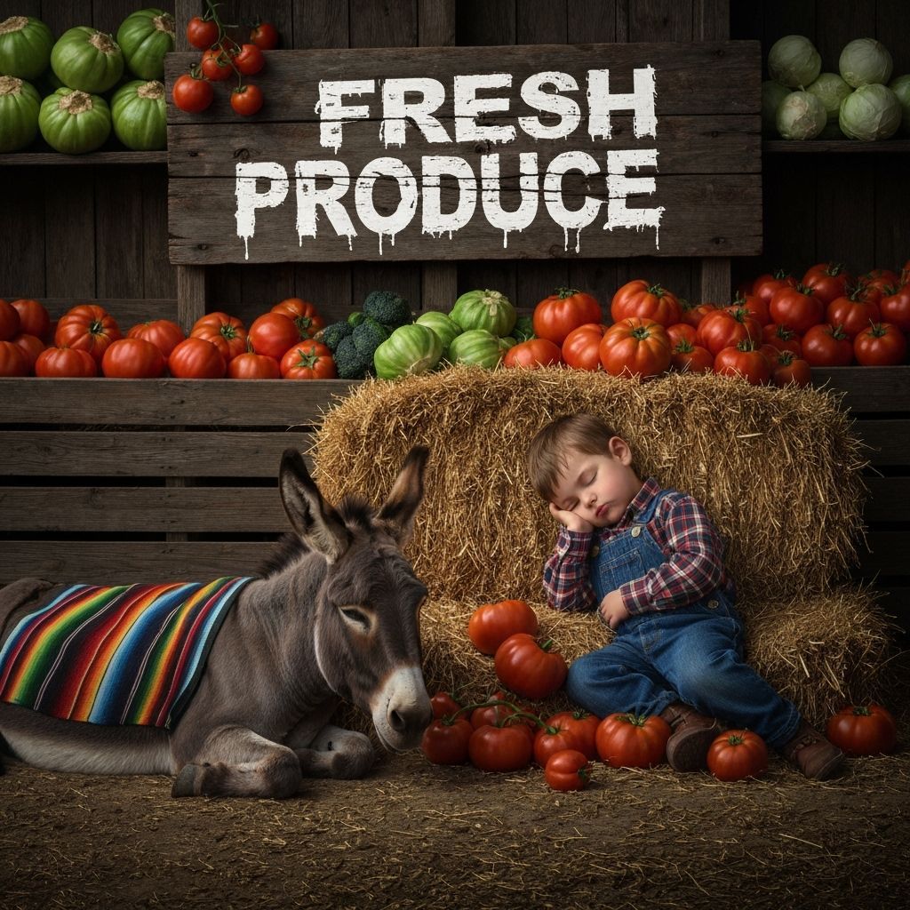 Country Boy Sleeping Beside Donkey and Produce