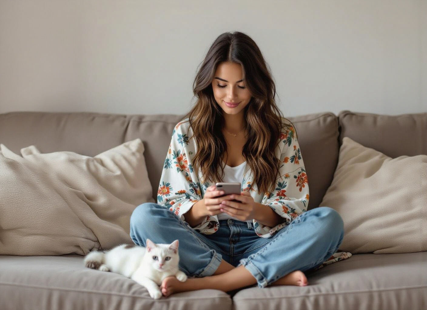Young Woman Relaxing on IKEA Sofa with Cat