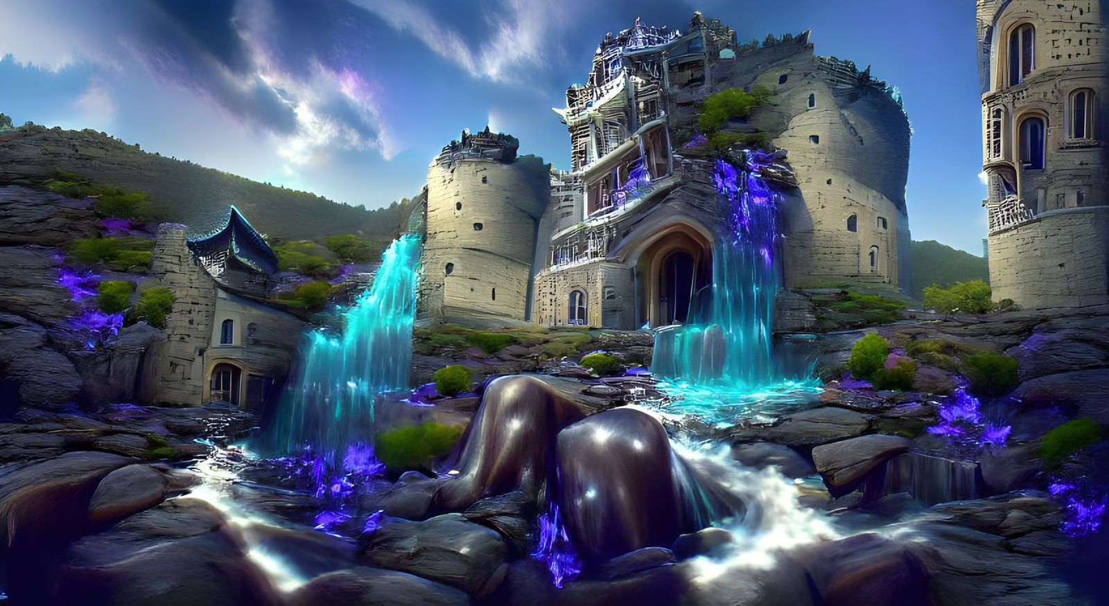 Waterfall Flowing Down Stone Castle