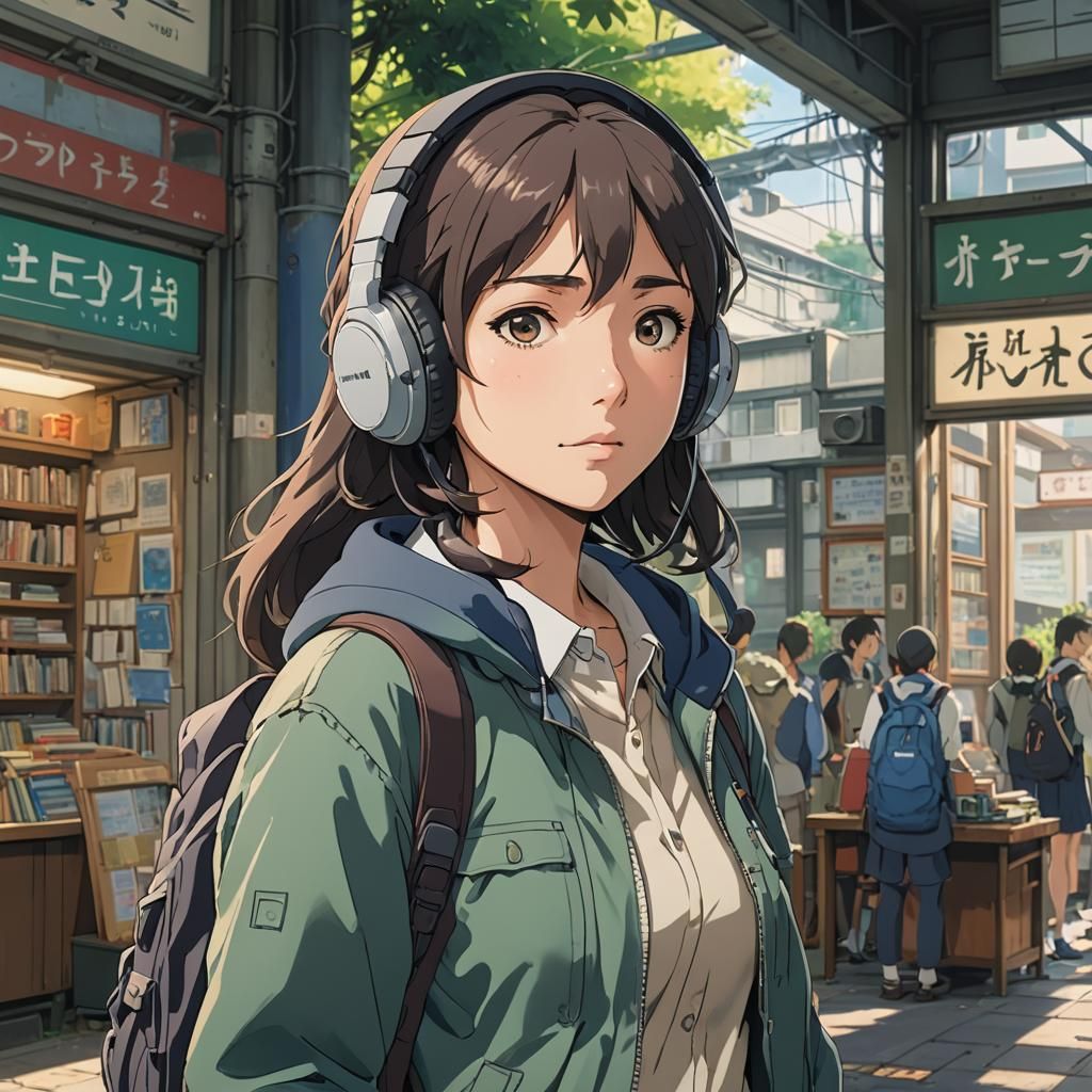 Anime Schoolgirl with Headphones in Ghibli Style