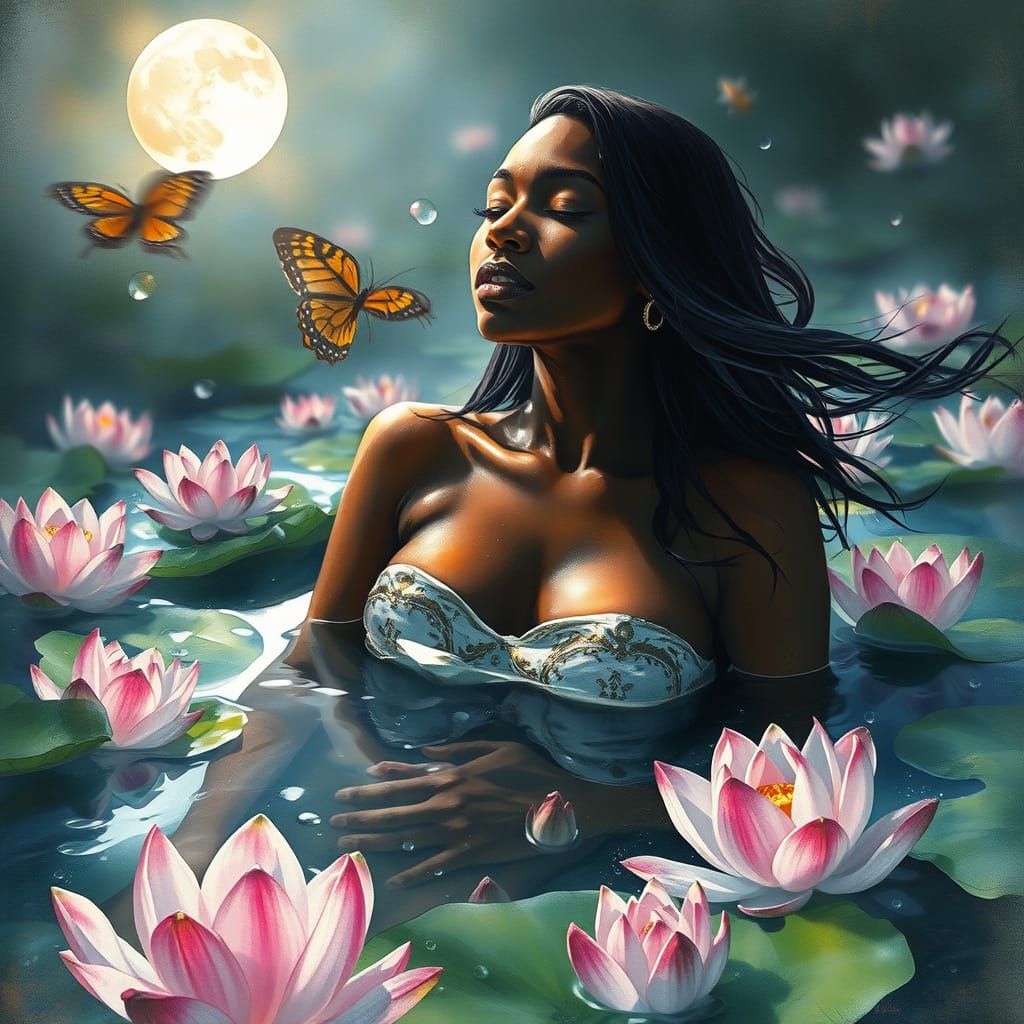 Woman Bathes in Lotus Pool: Watercolor Fine Art
