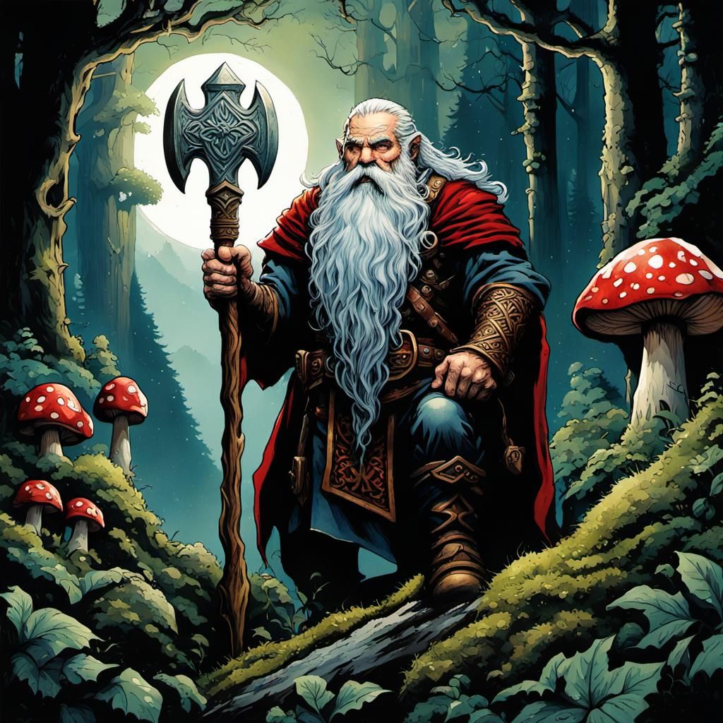 Majestic Dwarf in Gothic Forest Watercolor Painting