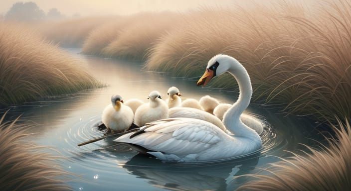 Swan Couple and Chicks in Golden Hour