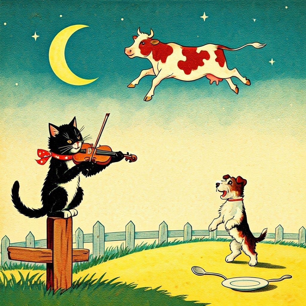 Vintage Storybook Scene: Black Cat Plays Violin under a Jump...