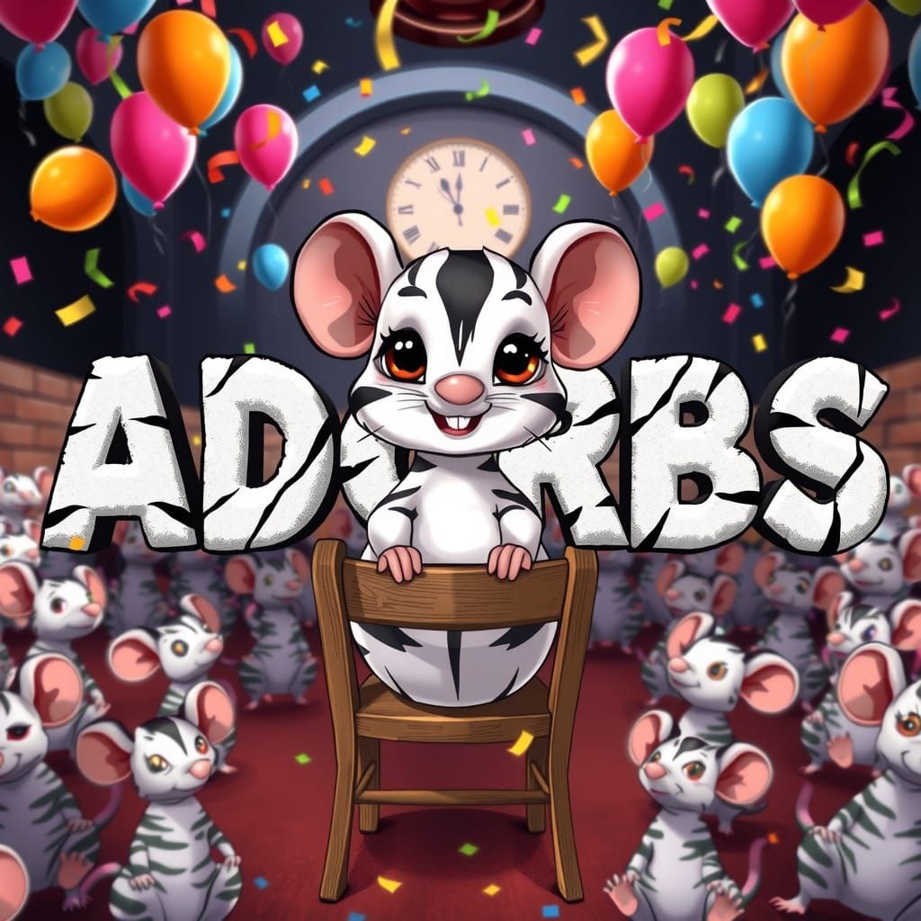 CARTOON text says "ADORBS" and conveys the logo in black and white striped font in paint with stunning clarity, the text...