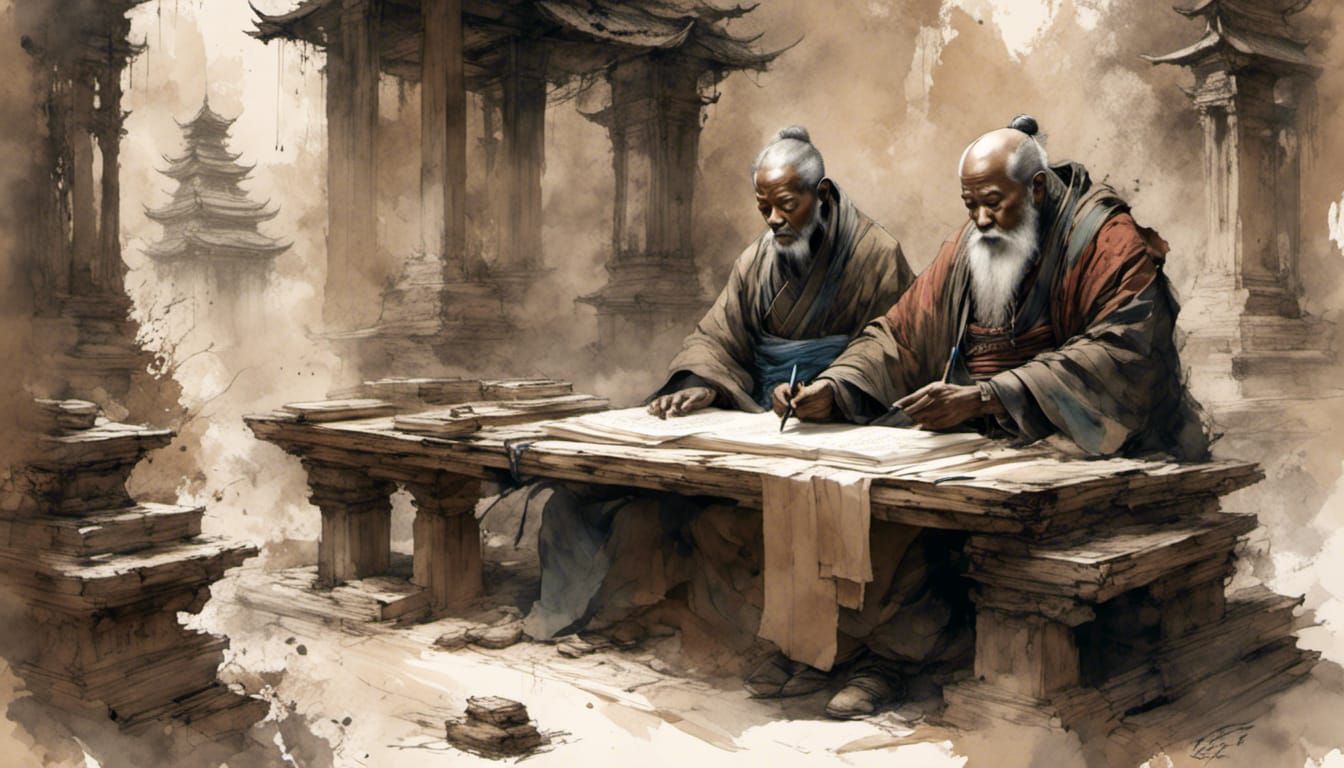 Monk Writing in Old Temple, Detailed Matte Painting