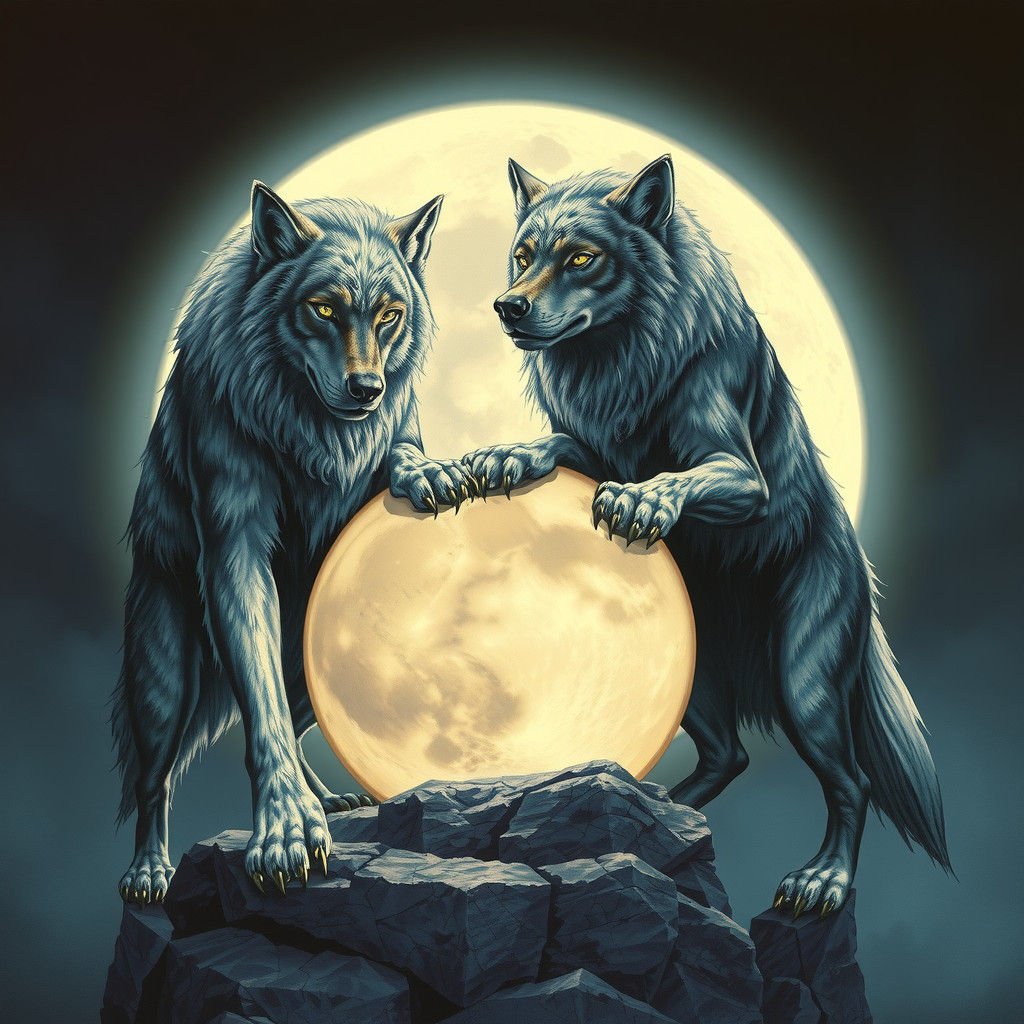 Werewolves Guarding the Moon in Dreamlike Fantasy