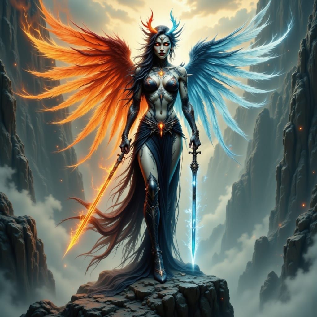 Angel-Demon Hybrid on Misty Precipice, as Digital Art