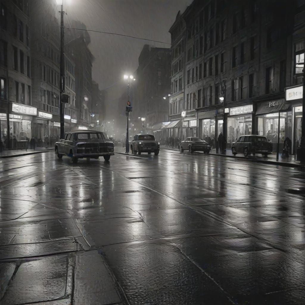 Vintage Rainy Cityscape in Charcoal Drawing Style
