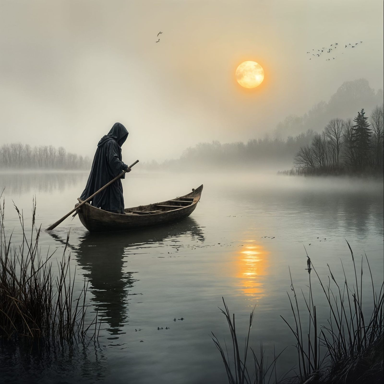 Eerie Figure Drifting on Misty Lake in Watercolor