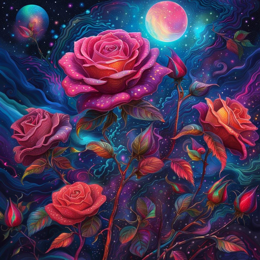 Blooming Night Roses: Holographic Astral Cosmic Illustration