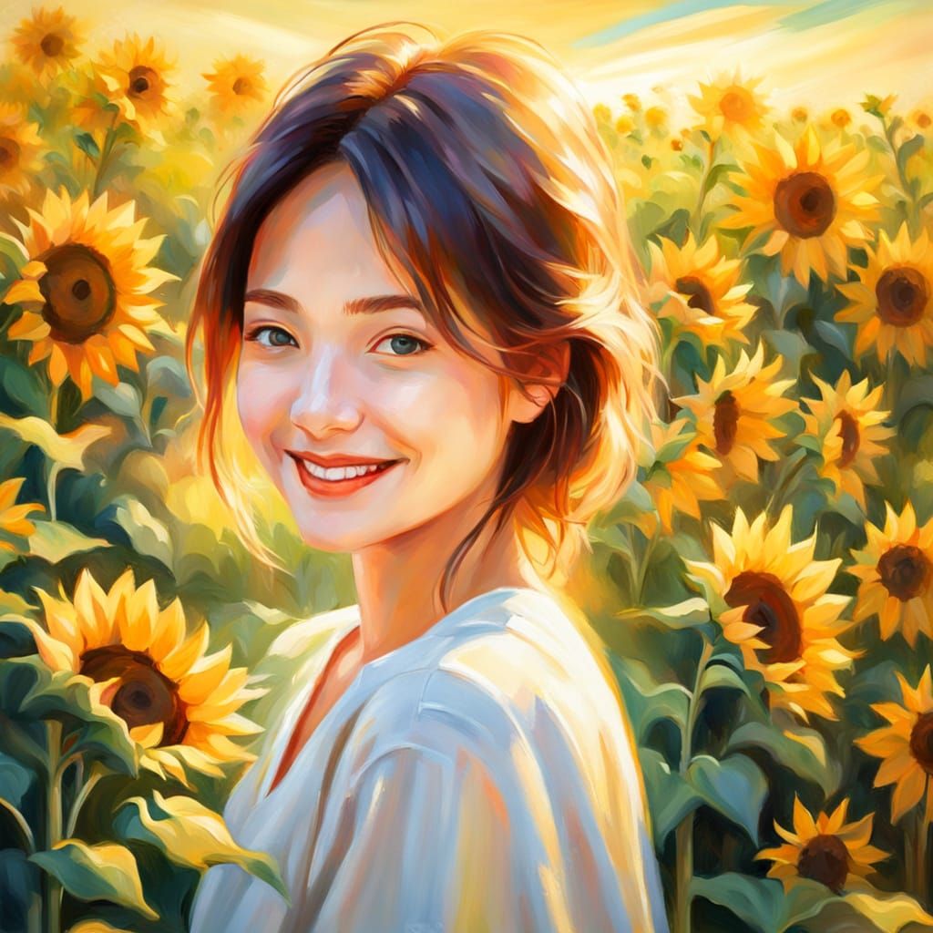 Woman in Sunflowers: Impressionist Oil Painting