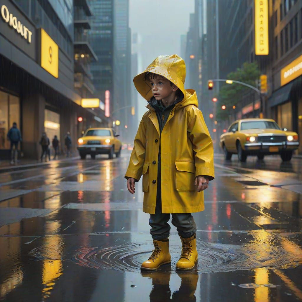 Joyful Boy Splashes in Puddle, Surrounded by City Reflection...